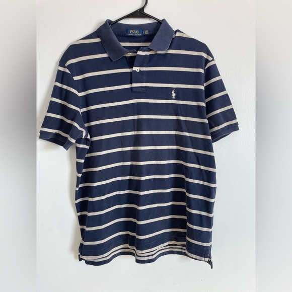 Vintage Ralph Lauren Navy and White Striped Polo Shirt Men’s large